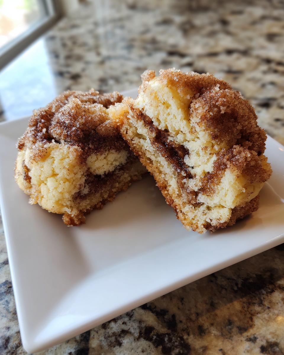 Two halves of a soft coffee cake cookie showing the cinnamon swirl interior and sugary topping.