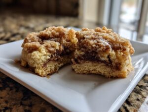 A soft coffee cake cookie, split in half, showing a rich cinnamon swirl filling and crumb topping.