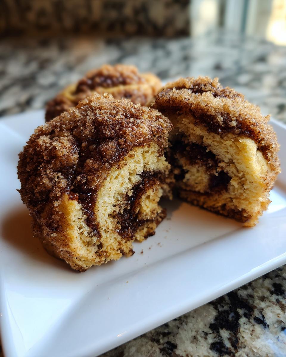 Close-up of coffee cake cookies cut in half showing soft interior and thick cinnamon sugar crumb topping.