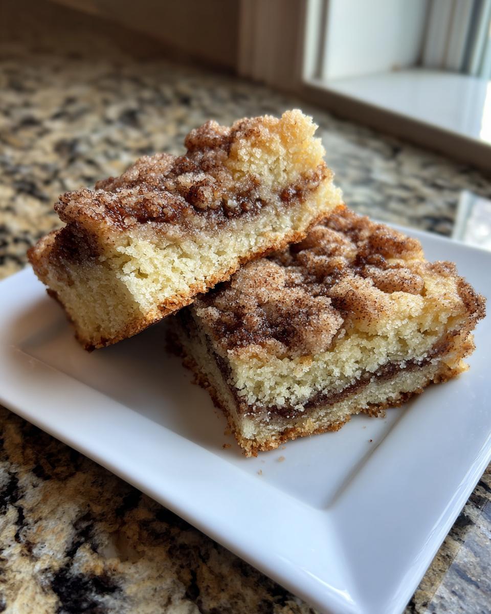 Two square slices of soft coffee cake cookies with a thick cinnamon swirl and crumb topping served on a white plate.