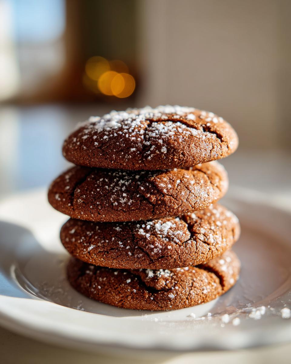 A vertical stack of four rich, dark soft gingerbread cookies dusted generously with white powdered sugar.