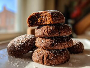 A stack of four dark, rich soft gingerbread cookies topped with coarse sugar crystals, with one cookie broken open.