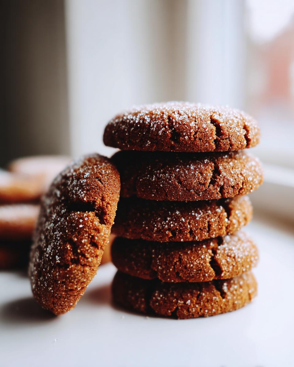A vertical stack of four soft gingerbread cookies, coated in sparkling sugar, with one leaning against the stack.