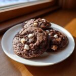 Three soft, dark chocolate hot chocolate cookies topped with chocolate chips and mini marshmallows on a white plate.