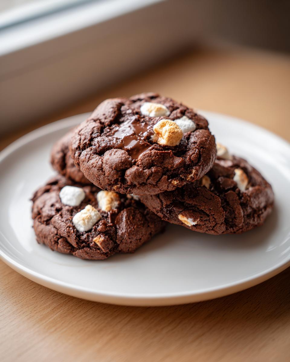A stack of three rich, dark chocolate hot chocolate cookies topped with melted chocolate and marshmallows.