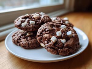 A stack of rich, dark chocolate hot chocolate cookies topped with melted chocolate and mini marshmallows.