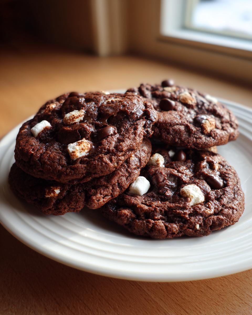 A stack of rich, dark hot chocolate cookies studded with chocolate chips and toasted marshmallows.
