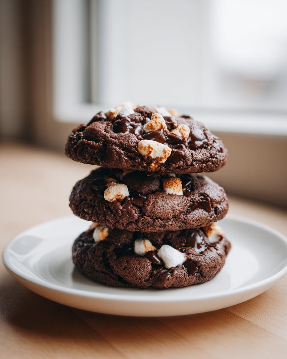 Three soft, dark chocolate hot chocolate cookies stacked on a white plate, topped with melted chocolate and toasted marshmallows.
