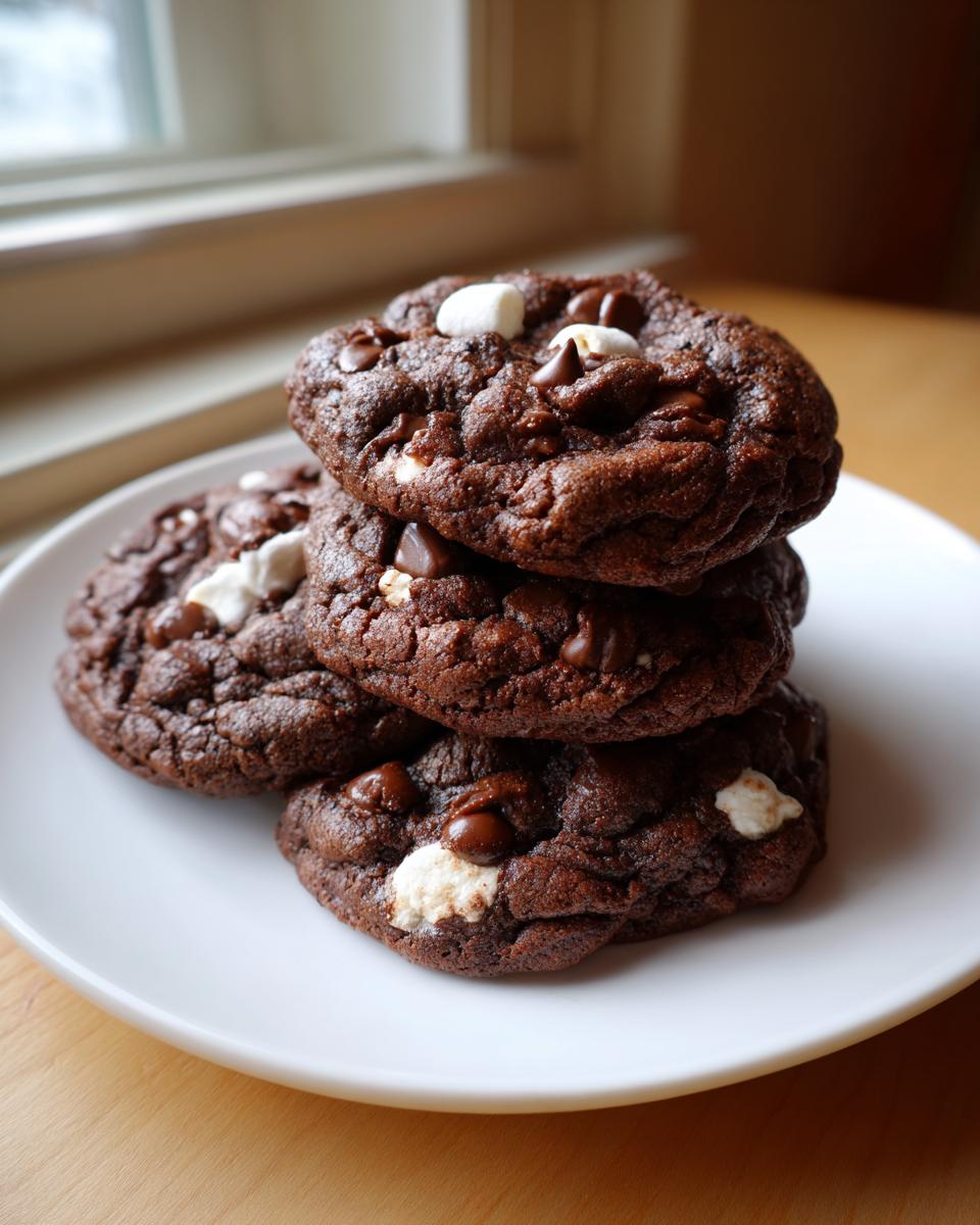 A stack of four rich, dark chocolate hot chocolate cookies topped with chocolate chips and mini marshmallows.