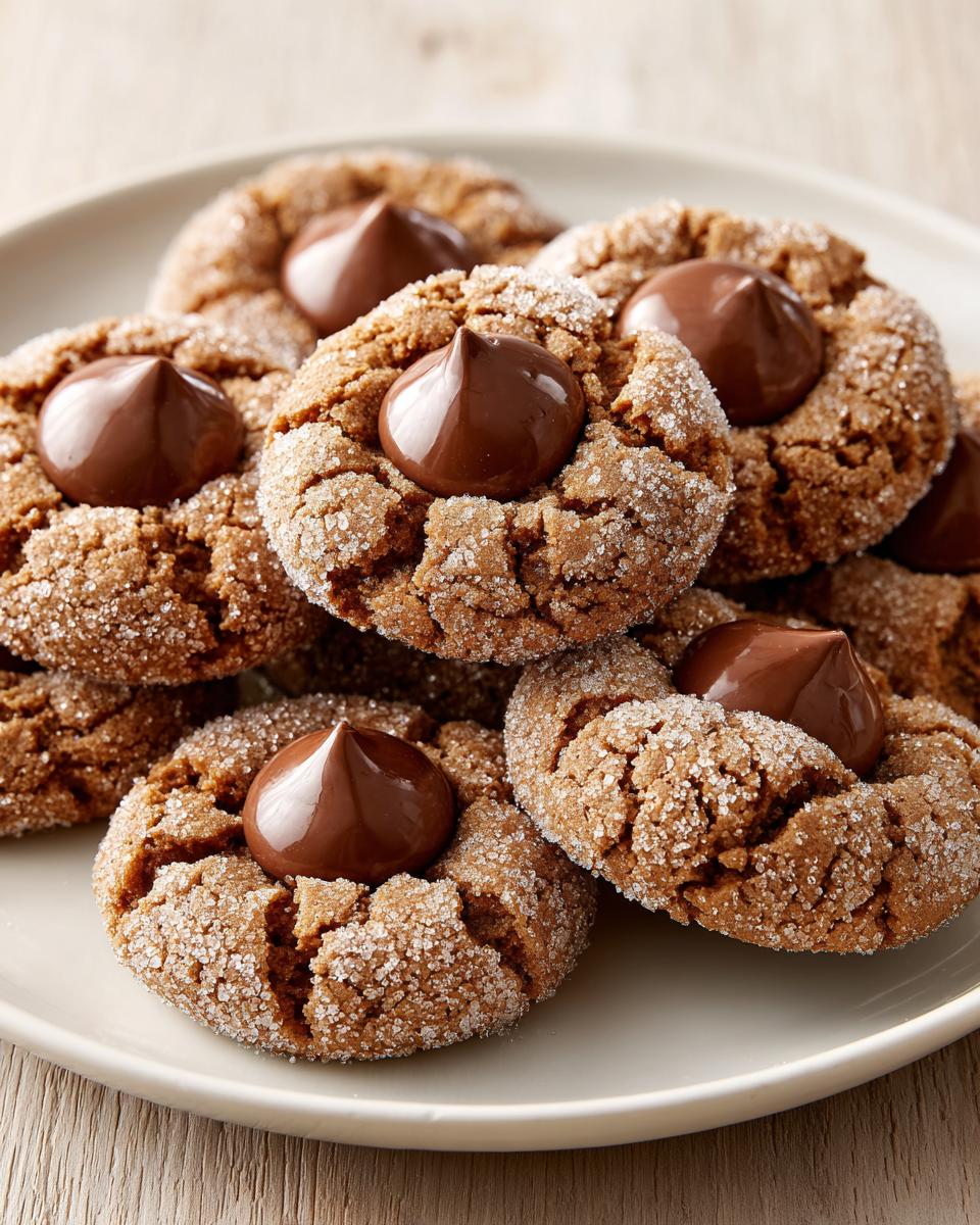 A pile of soft peanut butter blossoms cookies, rolled in sugar and topped with a chocolate kiss.