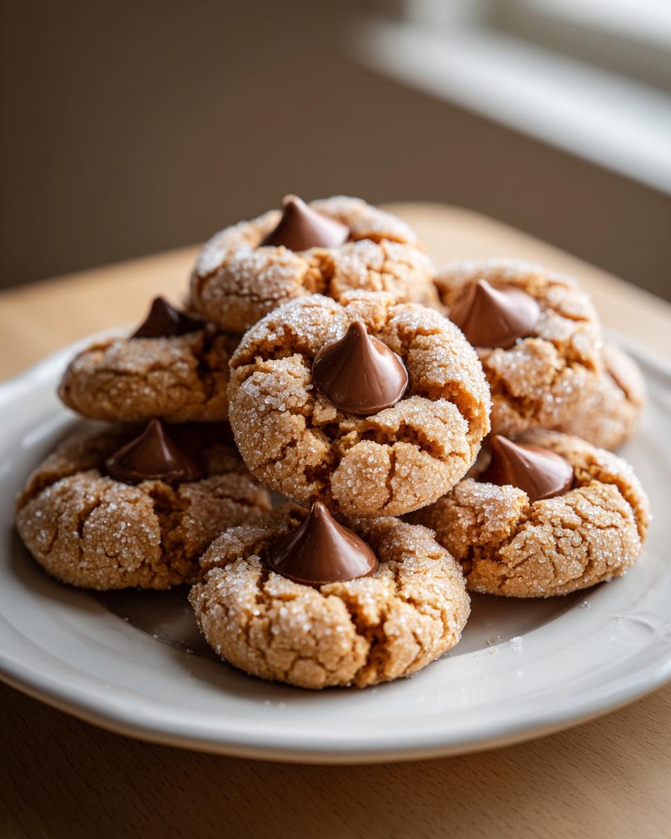 A close-up stack of soft peanut butter blossoms cookies rolled in sugar with chocolate kisses on top.