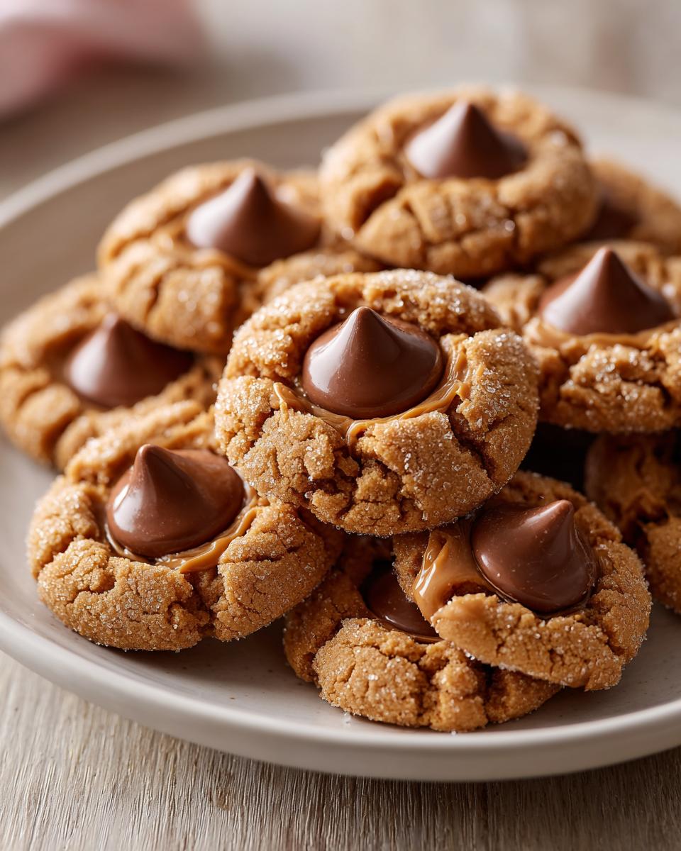 A stack of freshly baked peanut butter blossoms, rolled in sugar, topped with a melted chocolate kiss.