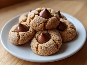 A stack of soft peanut butter blossoms cookies, rolled in sugar and topped with a chocolate kiss.