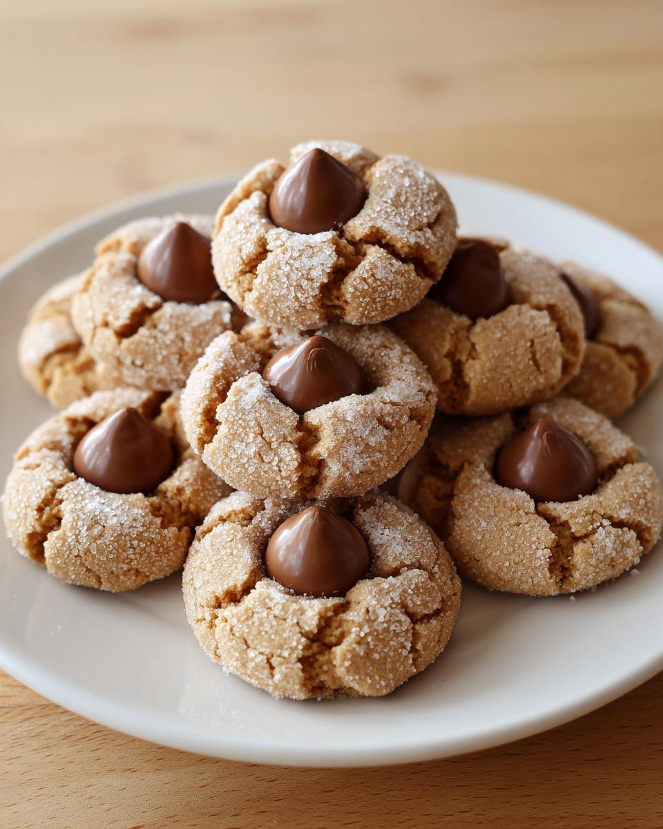 A close-up stack of soft peanut butter blossoms cookies, rolled in sugar and topped with a chocolate kiss.