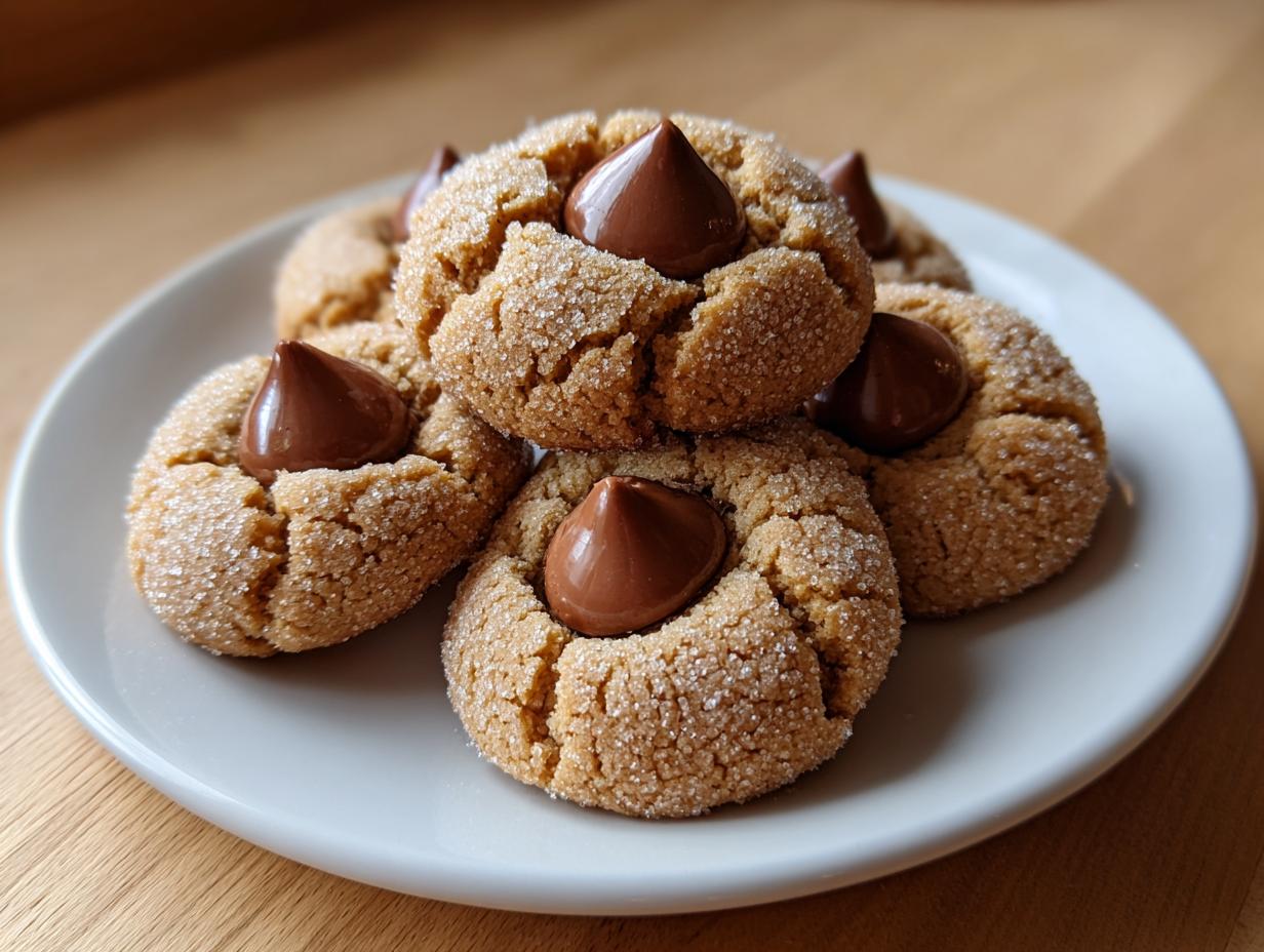 A stack of soft peanut butter blossoms cookies, rolled in sugar and topped with a chocolate kiss.