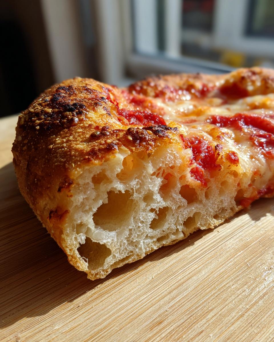 Close-up of a slice of pizza made with sourdough discard pizza dough, showing an open, airy crumb structure.