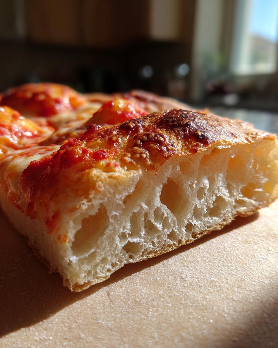 Close-up cross-section showing the open, airy crumb of sourdough discard pizza dough topped with melted cheese and sauce.