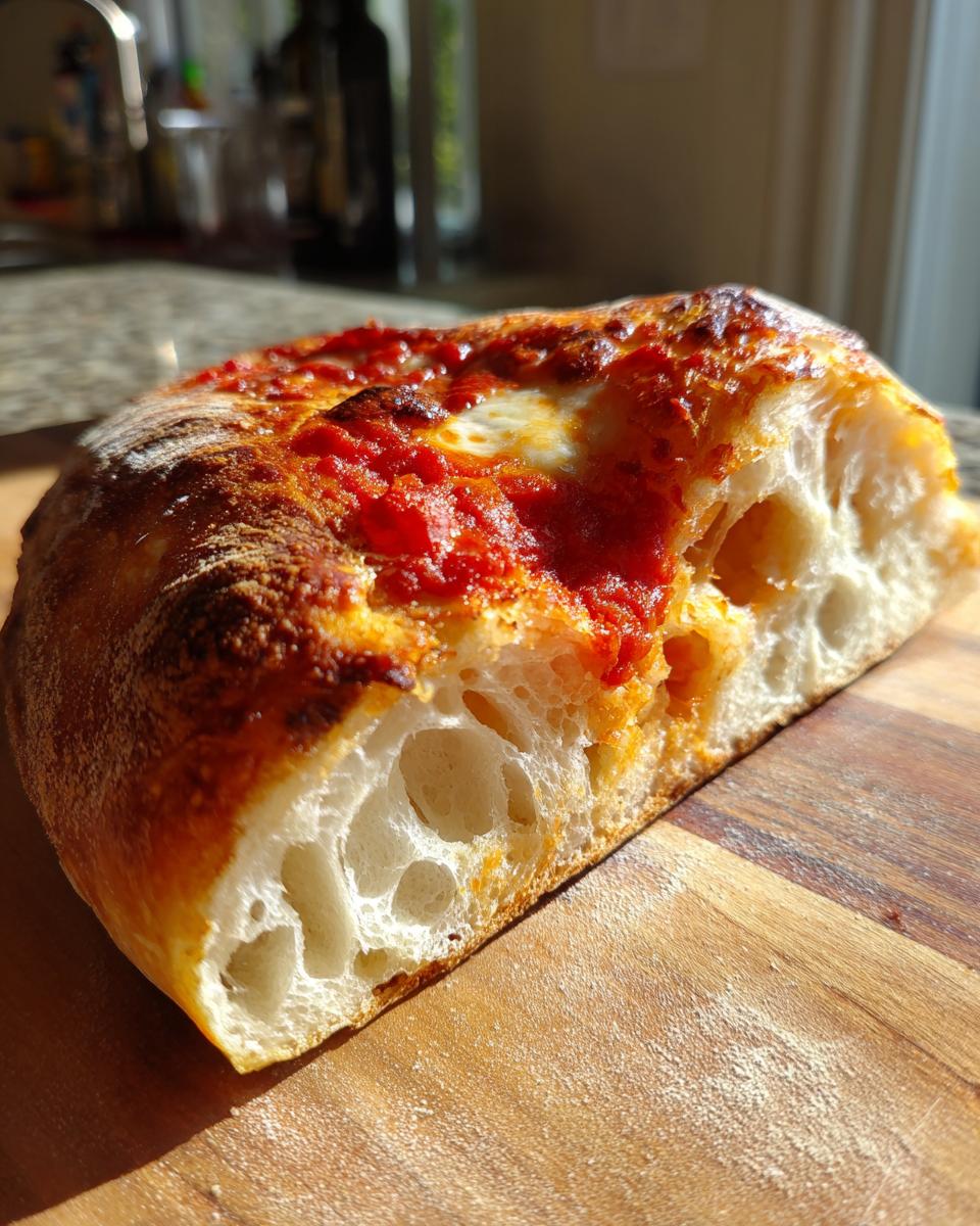 Close-up of a slice of pizza made with sourdough discard pizza dough, showing a highly airy, open crumb structure.