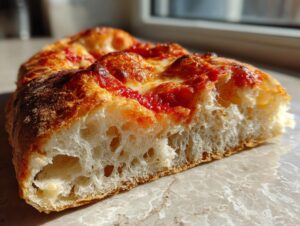 Close-up of a thick slice showing the airy, open crumb structure of sourdough discard pizza dough with tomato sauce.