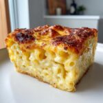 A thick, square slice of creamy southern baked macaroni and cheese with a dark, crispy cheese crust.