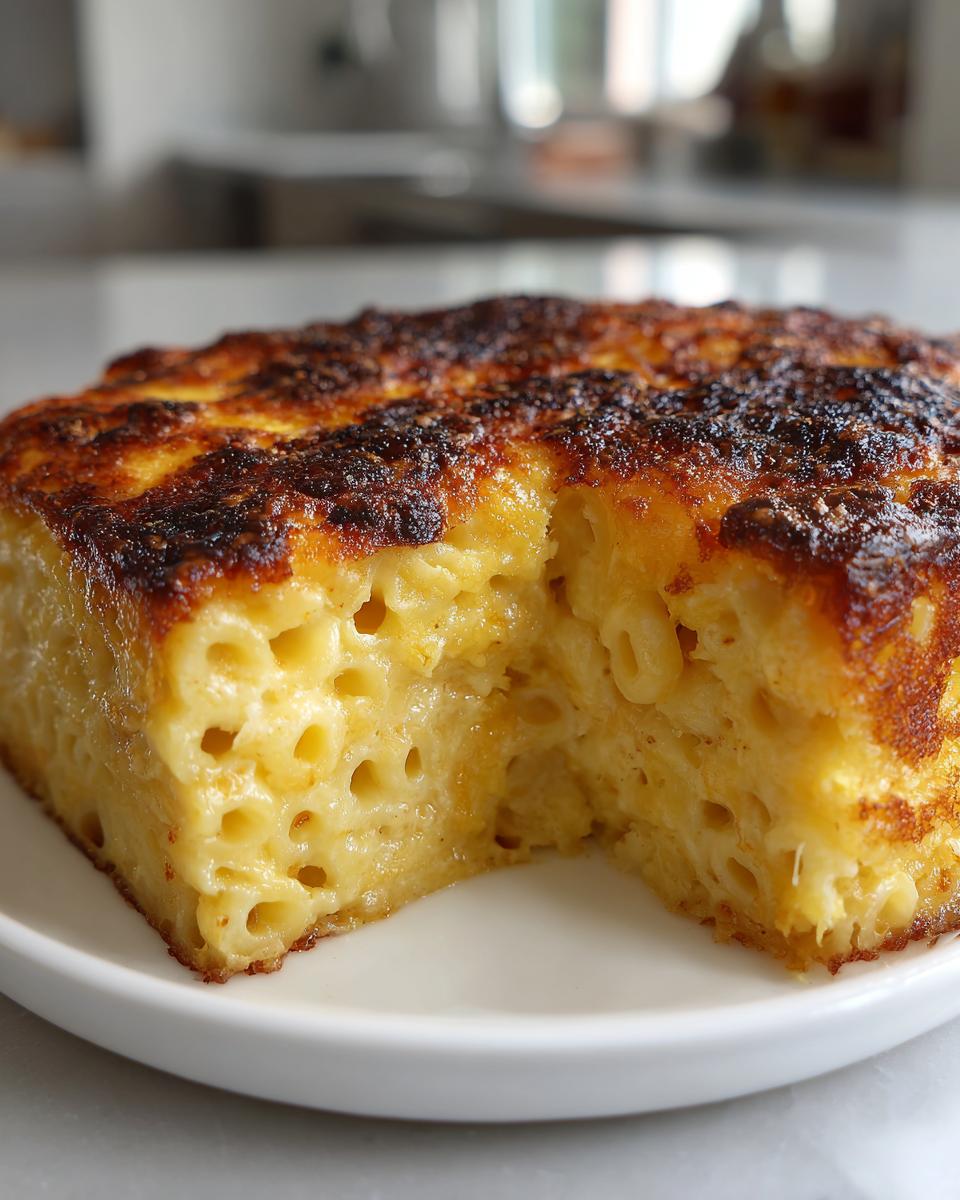 A thick, square slice of creamy southern baked macaroni and cheese with a dark, crispy cheese crust.