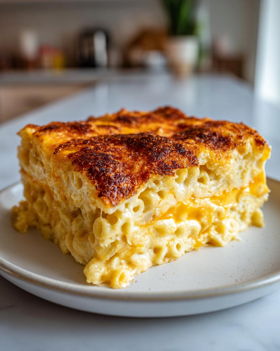A thick, creamy slice of southern baked macaroni and cheese with a dark, browned cheese crust.