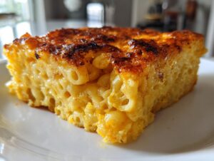 Close-up of a thick, creamy slice of southern baked macaroni and cheese with a golden-brown, slightly charred top.