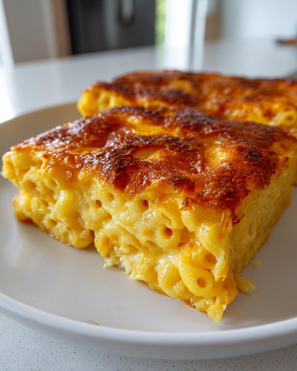 A thick, square slice of creamy southern baked macaroni and cheese with a deeply browned, cheesy crust.