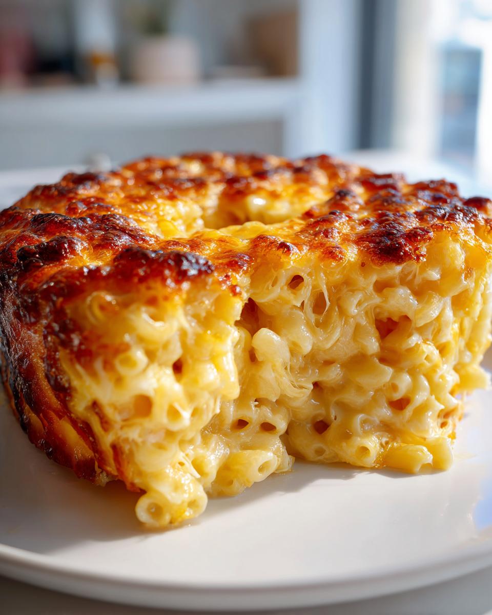 A close-up of a rich, creamy slice of southern baked macaroni and cheese with a deeply browned, cheesy crust.