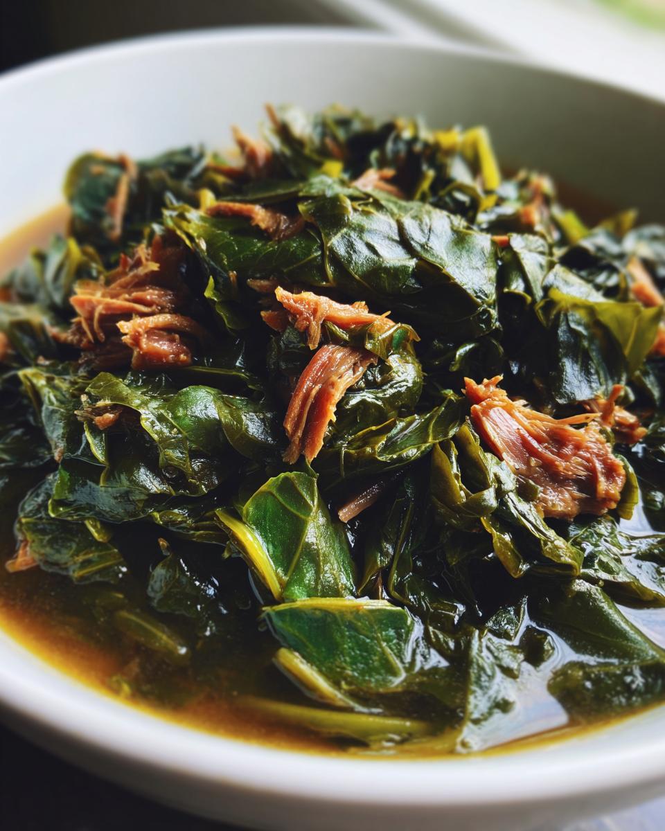 Close-up of tender, dark green collard greens simmering in broth with shredded smoked meat.