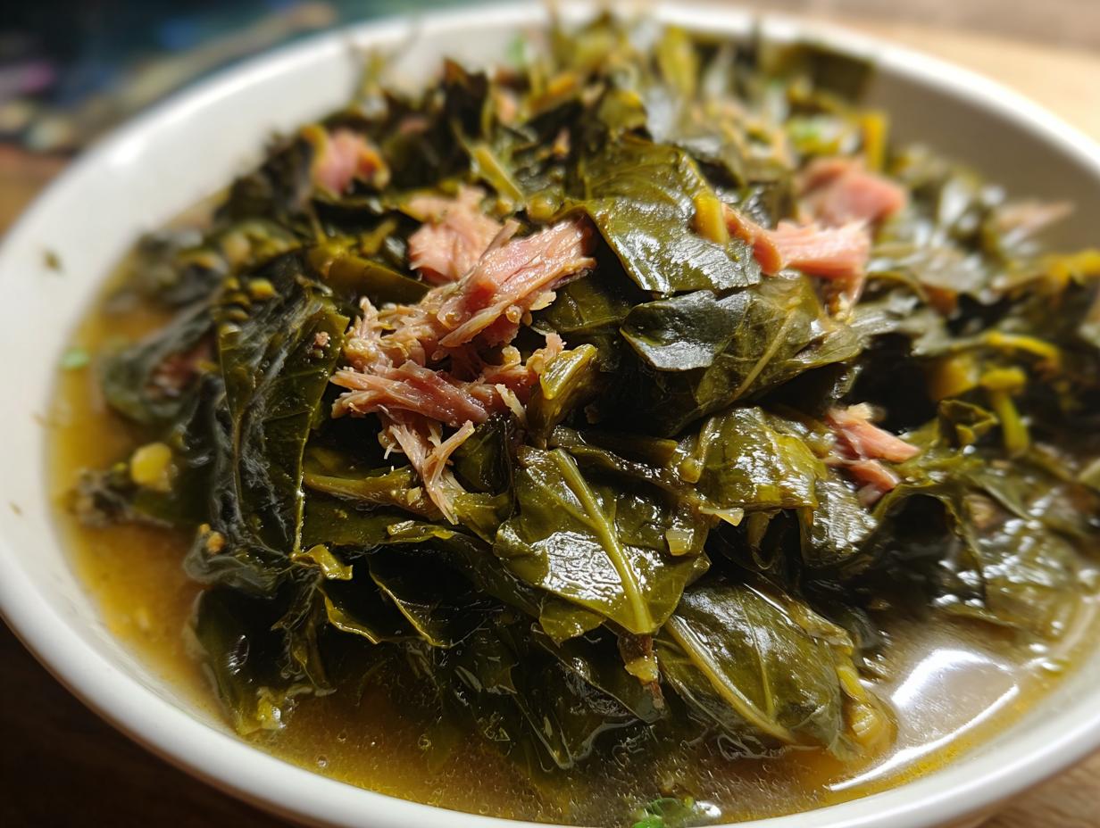 Close-up of tender, simmered Southern collard greens served in a white bowl with savory broth and pieces of shredded smoked ham.