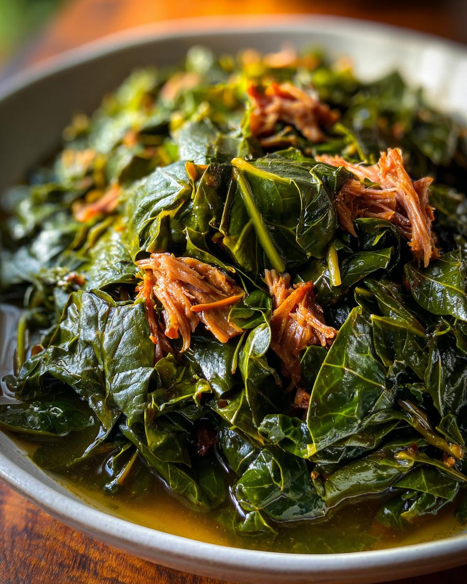 Close-up of tender, dark green collard greens simmering in savory pot liquor with shredded smoked meat.