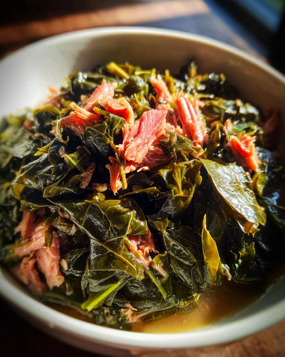 Close-up of tender, dark green collard greens simmered in broth and topped with shredded smoked ham or pork.