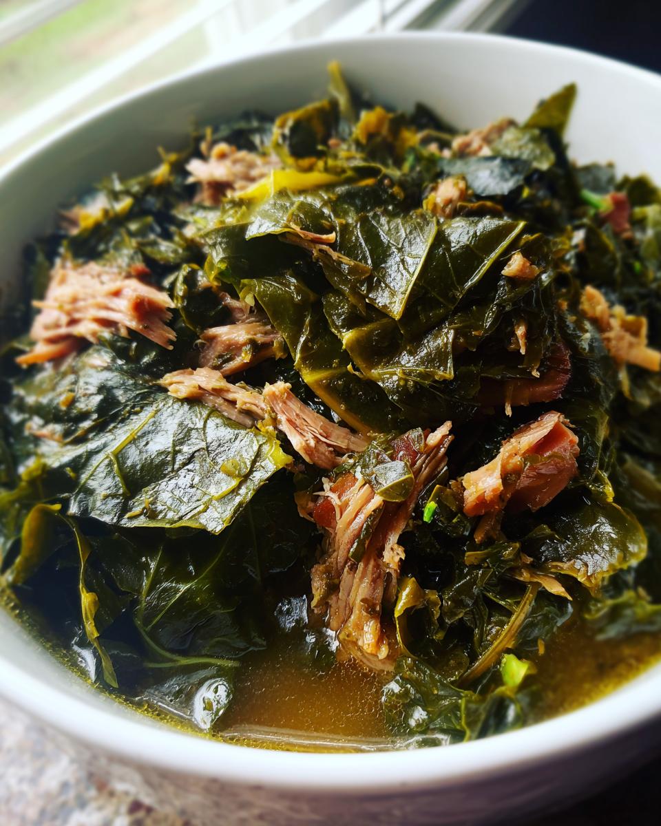 Close-up of tender, dark green collard greens simmered in broth with shredded smoked meat.
