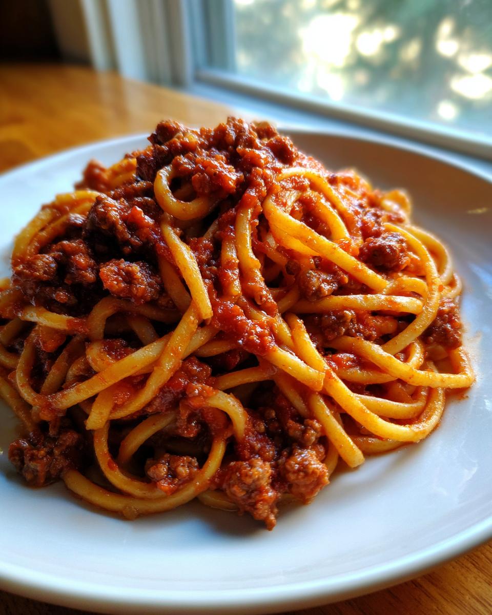 A close-up of thick spaghetti noodles generously coated in rich, meaty bolognese sauce on a white plate.