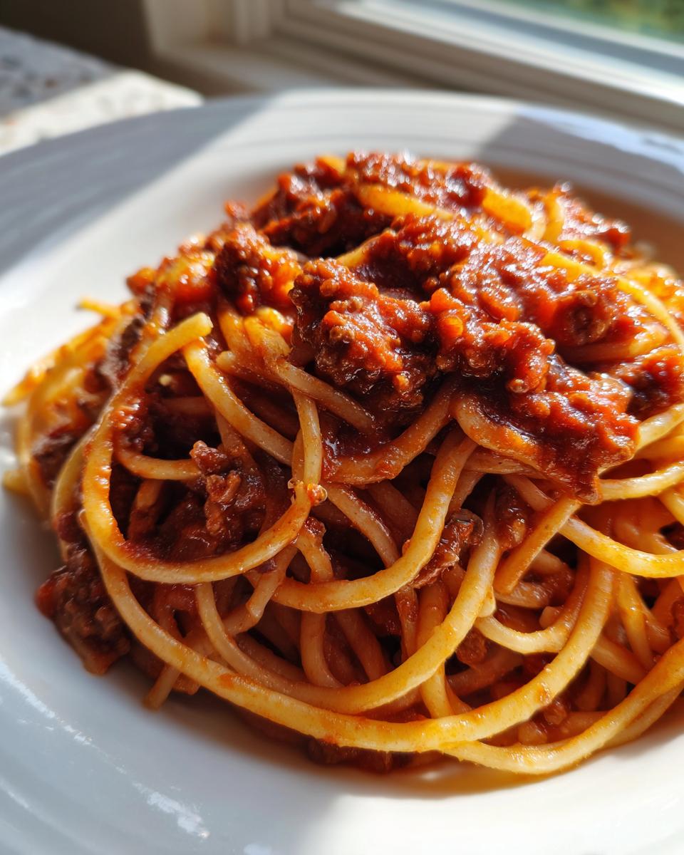 Close-up of spaghetti noodles generously coated in a rich, slow-cooked bolognese sauce on a white plate.