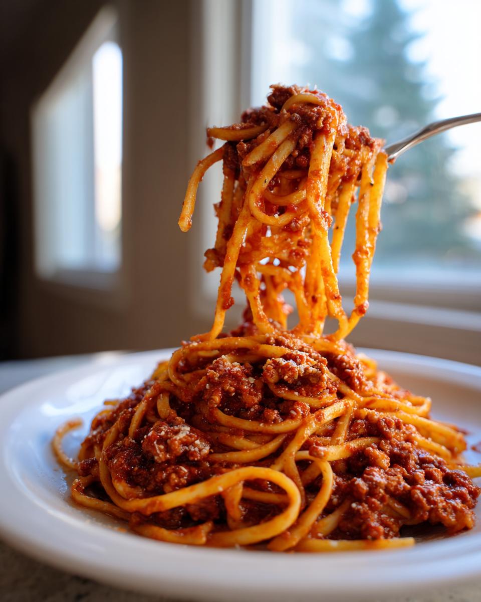 A fork lifting a generous portion of spaghetti coated in thick bolognese sauce from a white plate.