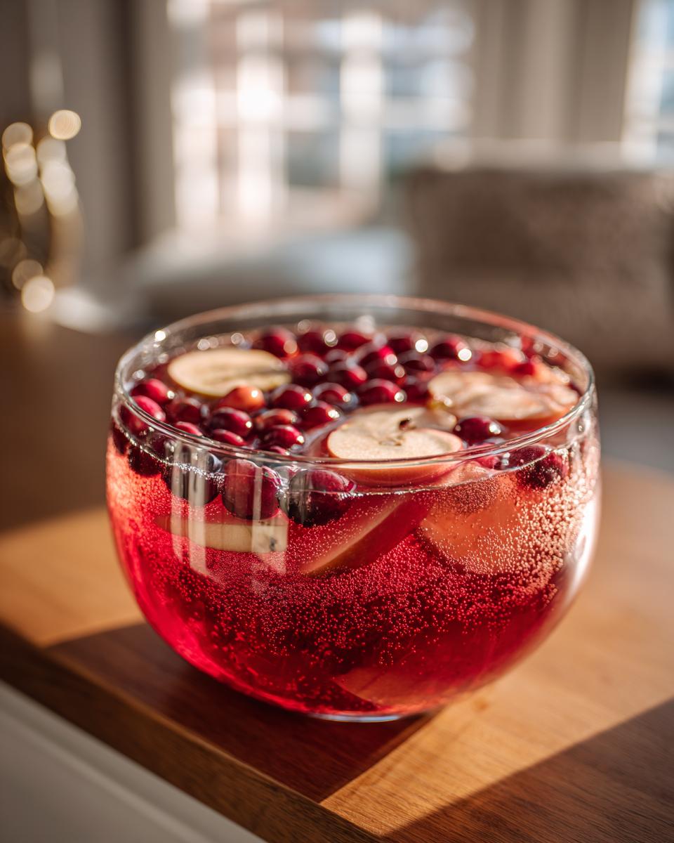 Close-up of a sparkling red thanksgiving punch garnished with whole cranberries and apple slices in a glass bowl.