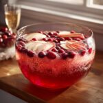 Close-up of a sparkling red thanksgiving punch garnished with fresh cranberries and apple slices in a glass punch bowl.
