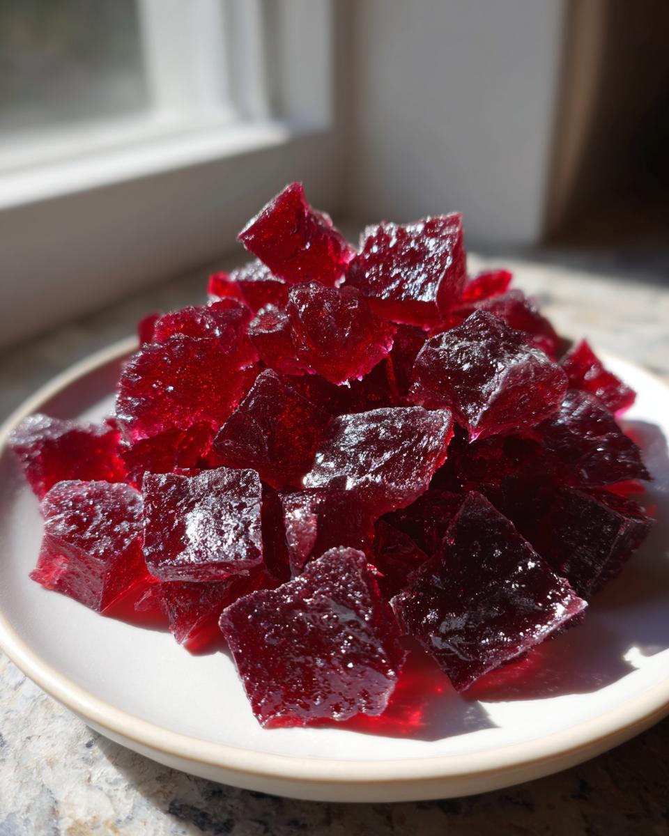 Close-up of sparkling, deep red cubes of homemade cinnamon rock candy piled on a white plate.