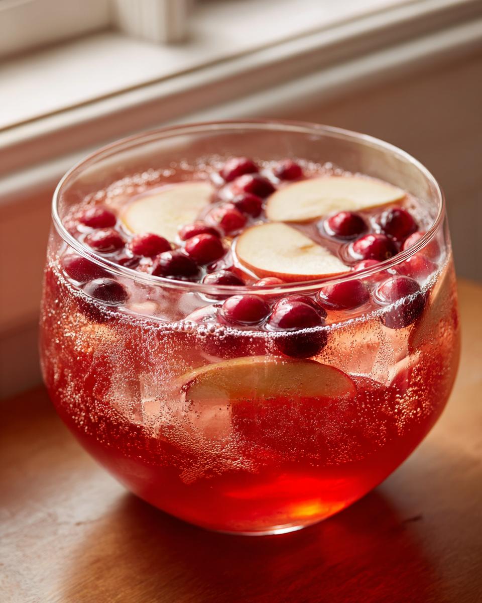 Close-up of a glass filled with bubbly, red thanksgiving punch garnished with fresh cranberries and apple slices.