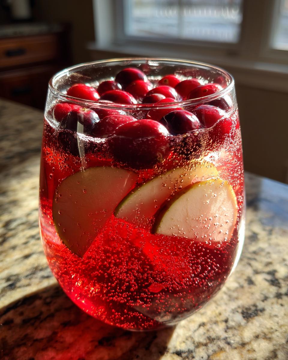 Close-up of a glass filled with sparkling red Thanksgiving punch, garnished with fresh cranberries and pear slices.