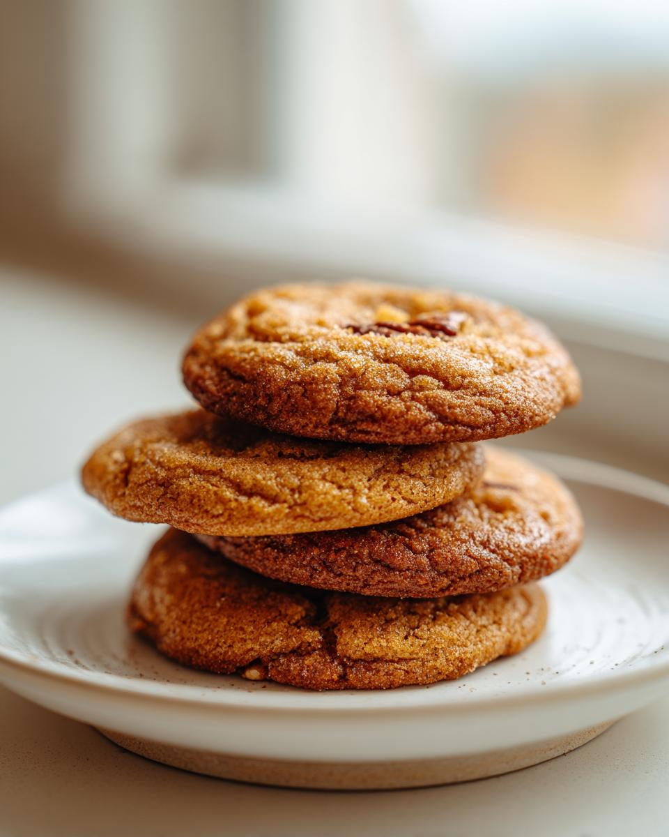 A vertical stack of four golden brown butter pecan cookies resting on a small white plate.