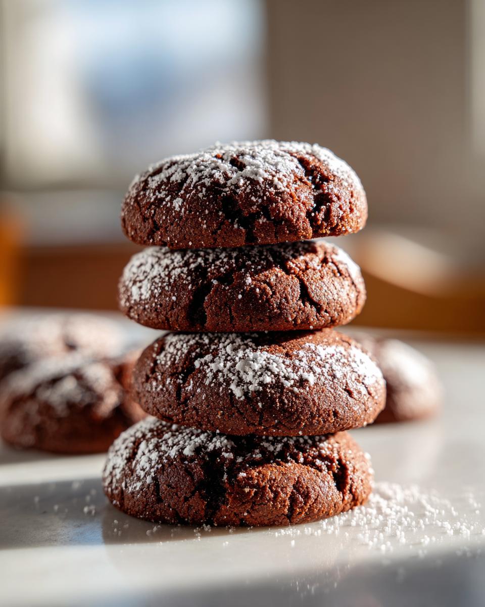 A vertical stack of four rich, dark soft gingerbread cookies dusted generously with powdered sugar.