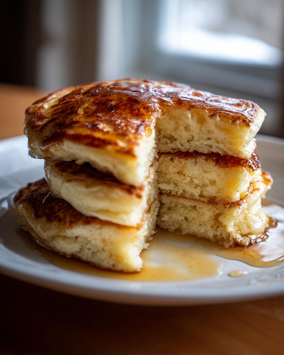 A stack of four incredibly fluffy pancakes, cut to show the airy interior, drizzled generously with golden syrup.