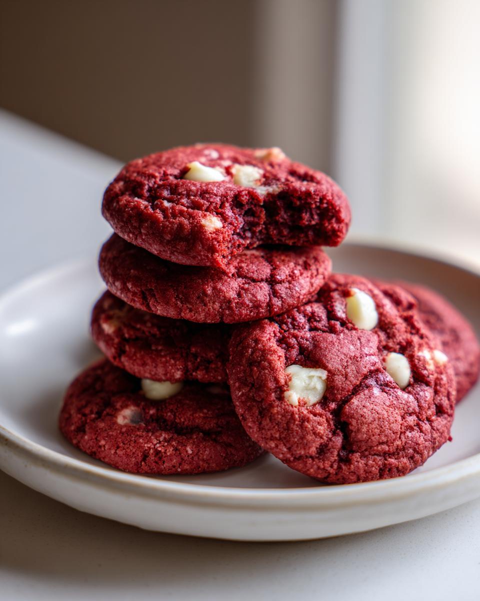 A stack of five rich, red velvet cake mix cookies with visible white chocolate chips, one cookie on top has a bite taken out.