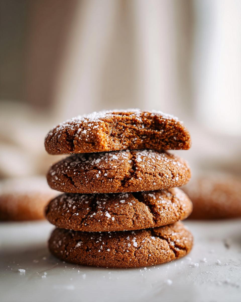 A stack of four incredibly soft gingerbread cookies dusted with coarse sugar, one cookie on top is broken to show the soft interior.