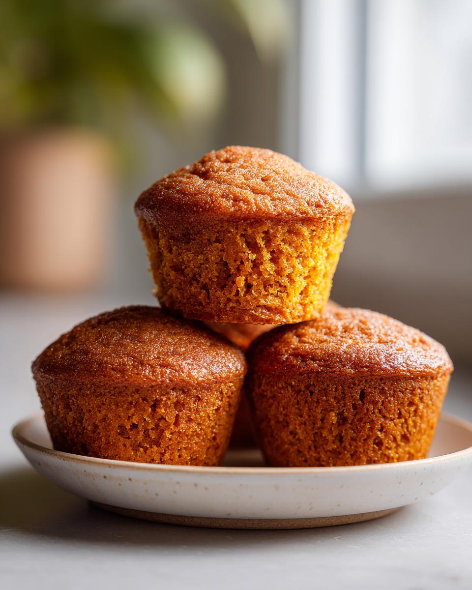 A stack of three freshly baked, golden brown sweet potato muffins resting on a small, speckled ceramic plate.