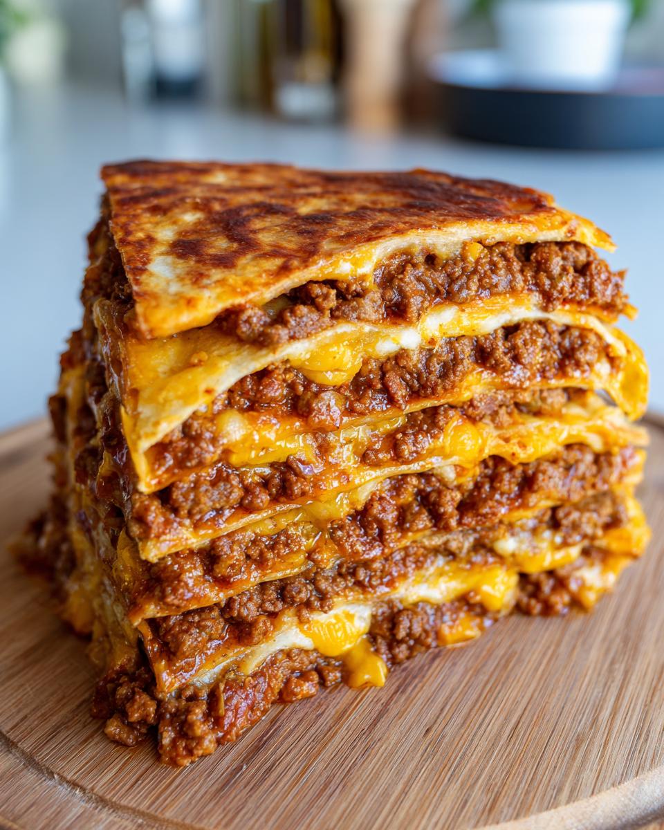 Close-up of a tall stack of layered mexican pizza slices showing seasoned ground beef and melted cheese.