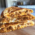 Three stacked, golden-brown slices of mexican pizza filled with seasoned ground beef and melted cheese.